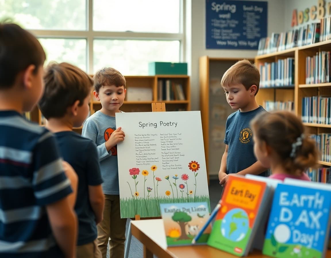 Elementary students gathered around a spring poetry display in a library with Earth Day books nearby