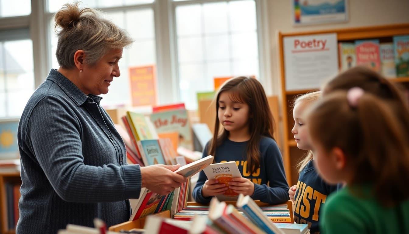 School librarian helping students browse a spring book fair display with colorful covers and poetry collections