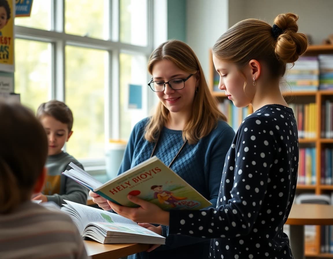 Elementary school librarian reviewing new book collection for August library newsletter