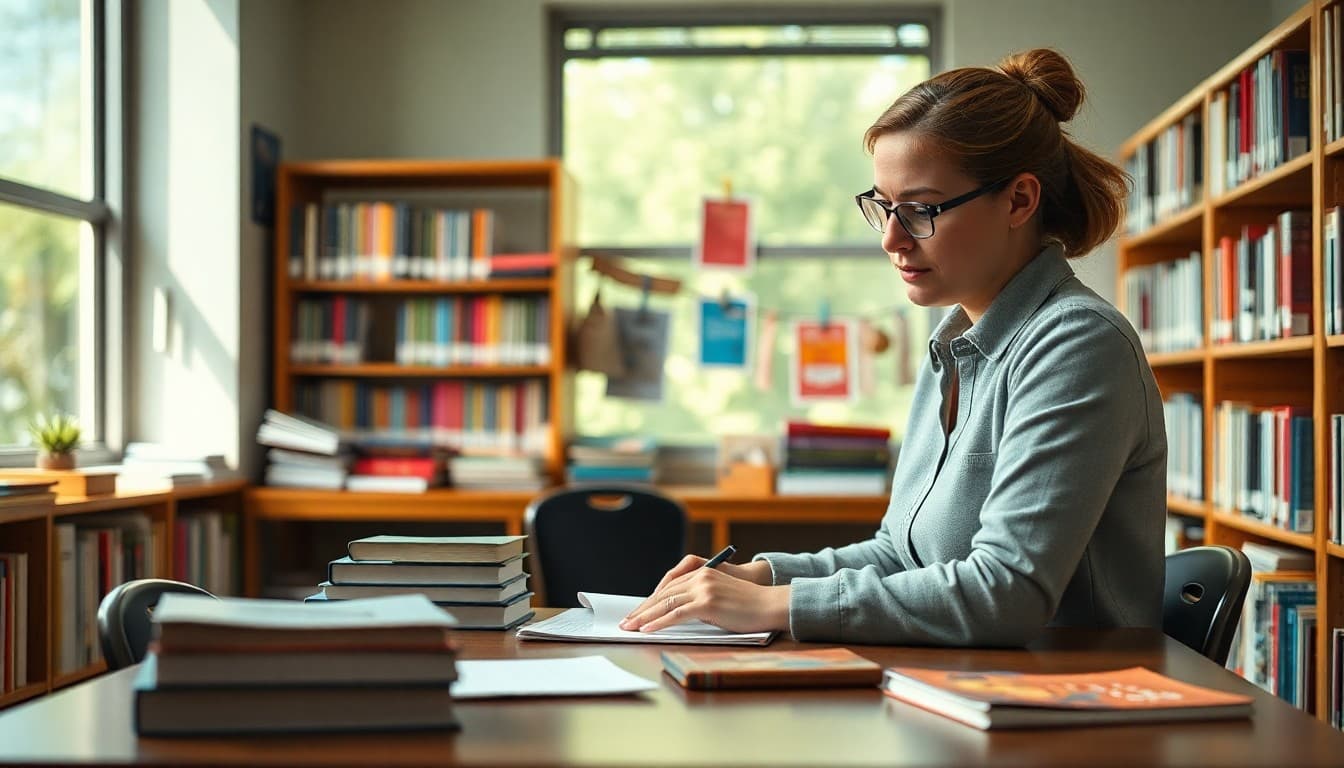 School librarian writing August newsletter at desk in school library surrounded by books