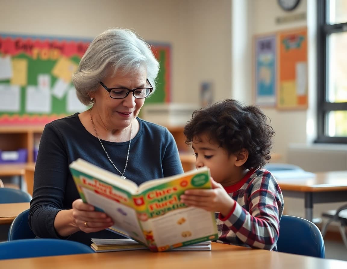 Grandmother reading with elementary grandchild in classroom during special family visit