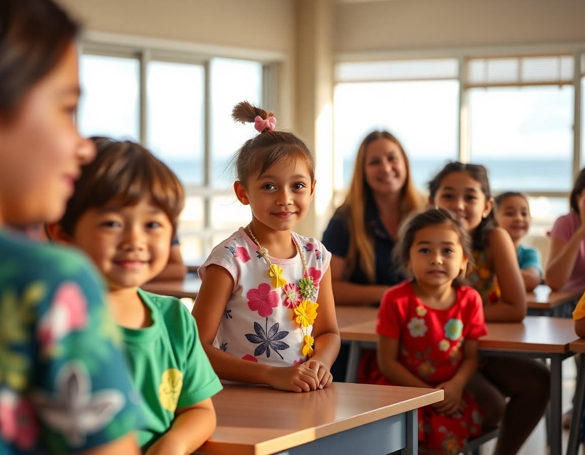 Elementary school students and parents at a Hawaii school family event with ocean views