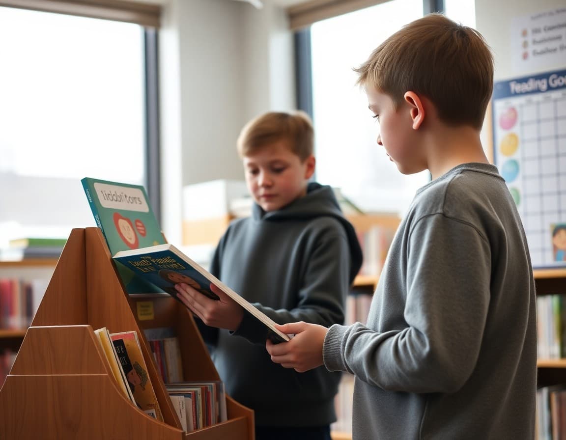 Elementary student choosing a book from a library display in January with a reading goal chart visible nearby