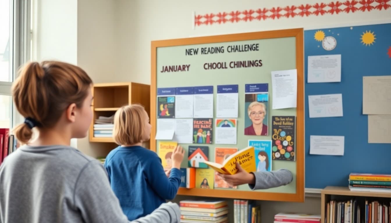 School librarian setting up a new reading challenge display board in January with colorful books and tracking materials