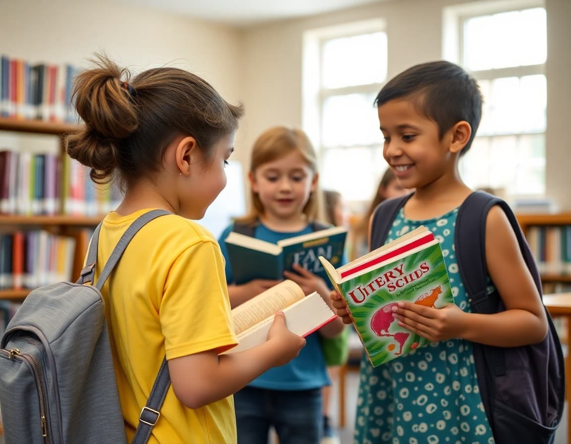 Elementary students returning library books at the end of the school year in June