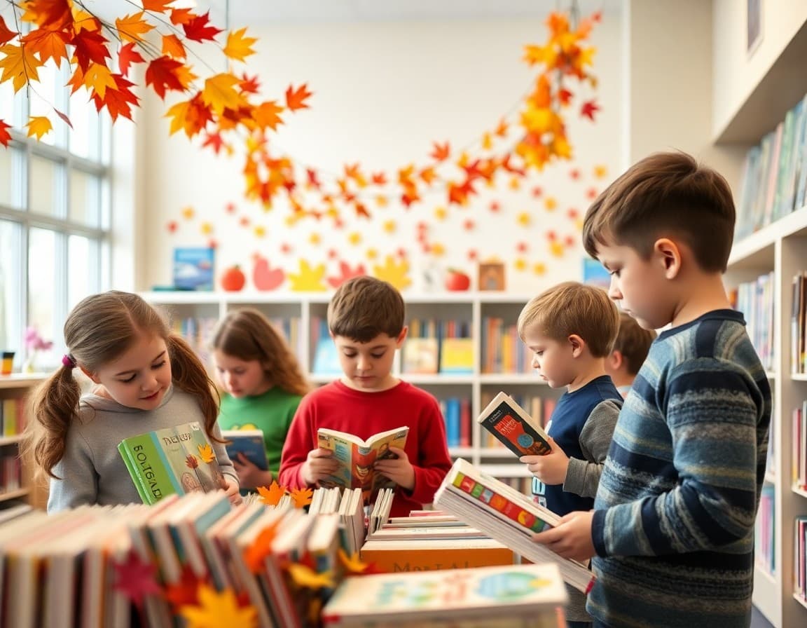 Elementary students browsing book displays in a colorful library decorated with autumn leaves and books