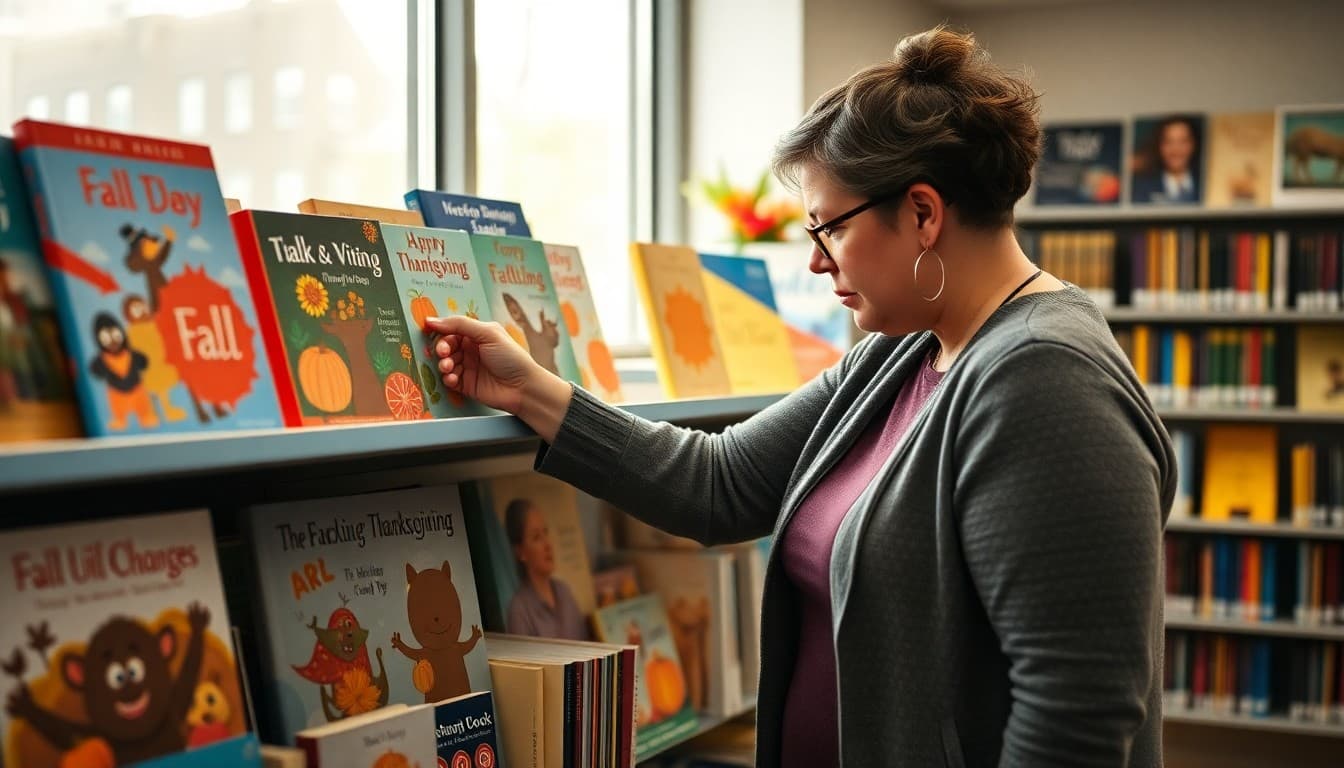 School librarian arranging fall and Thanksgiving themed books on a display shelf in an elementary library