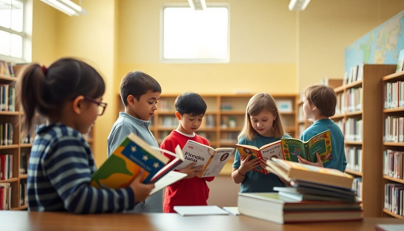 Elementary students browsing books in a bright school library during School Library Month