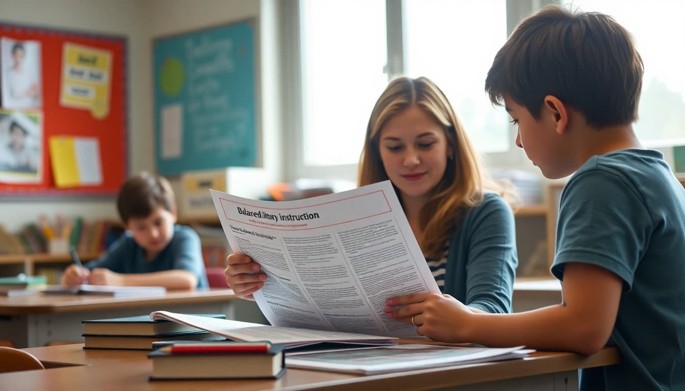 Elementary school teacher preparing a newsletter about balanced literacy instruction for K-5 families
