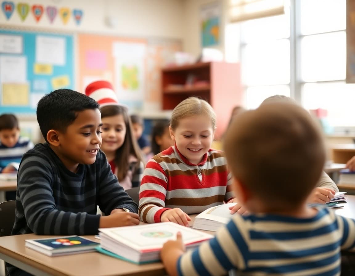 Elementary classroom activity related to Dr. Seuss Week and Read Across America with engaged students