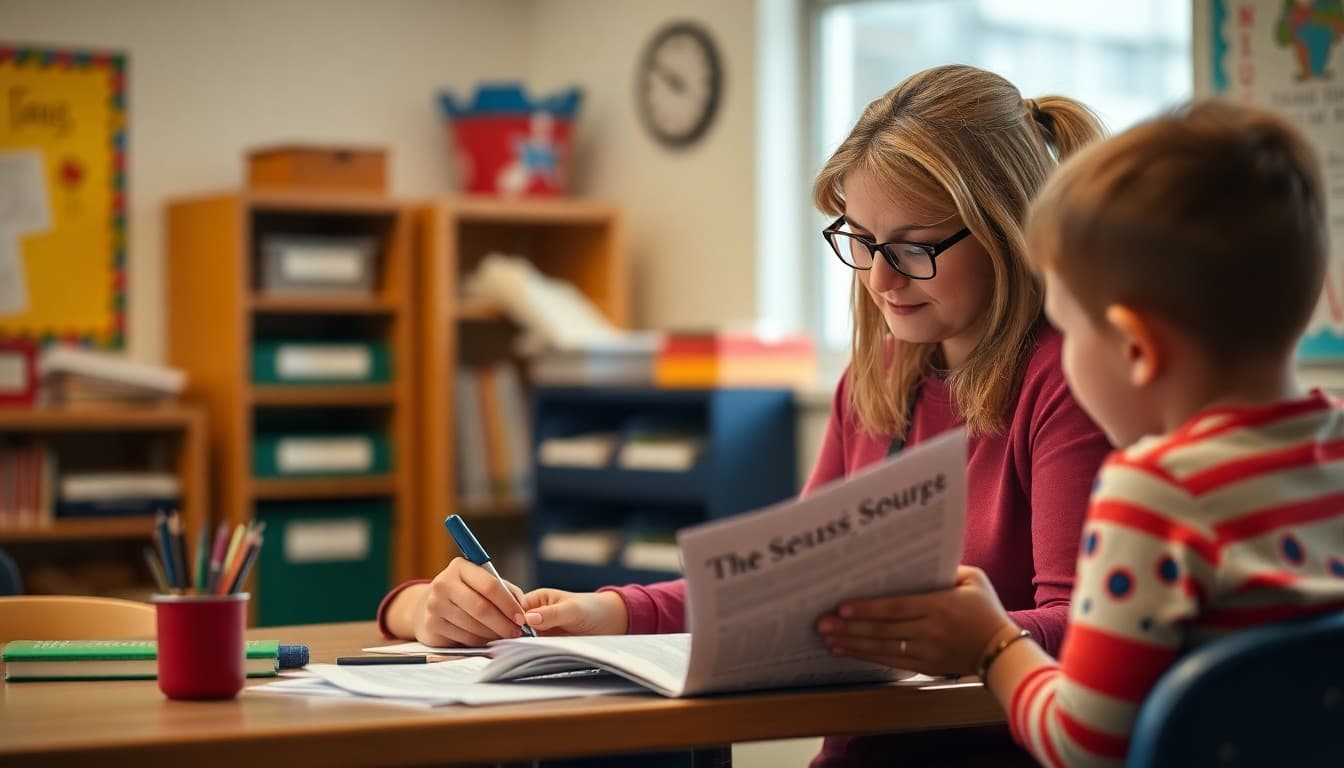 Elementary school teacher preparing a newsletter about Dr. Seuss Week and Read Across America for K-5 families