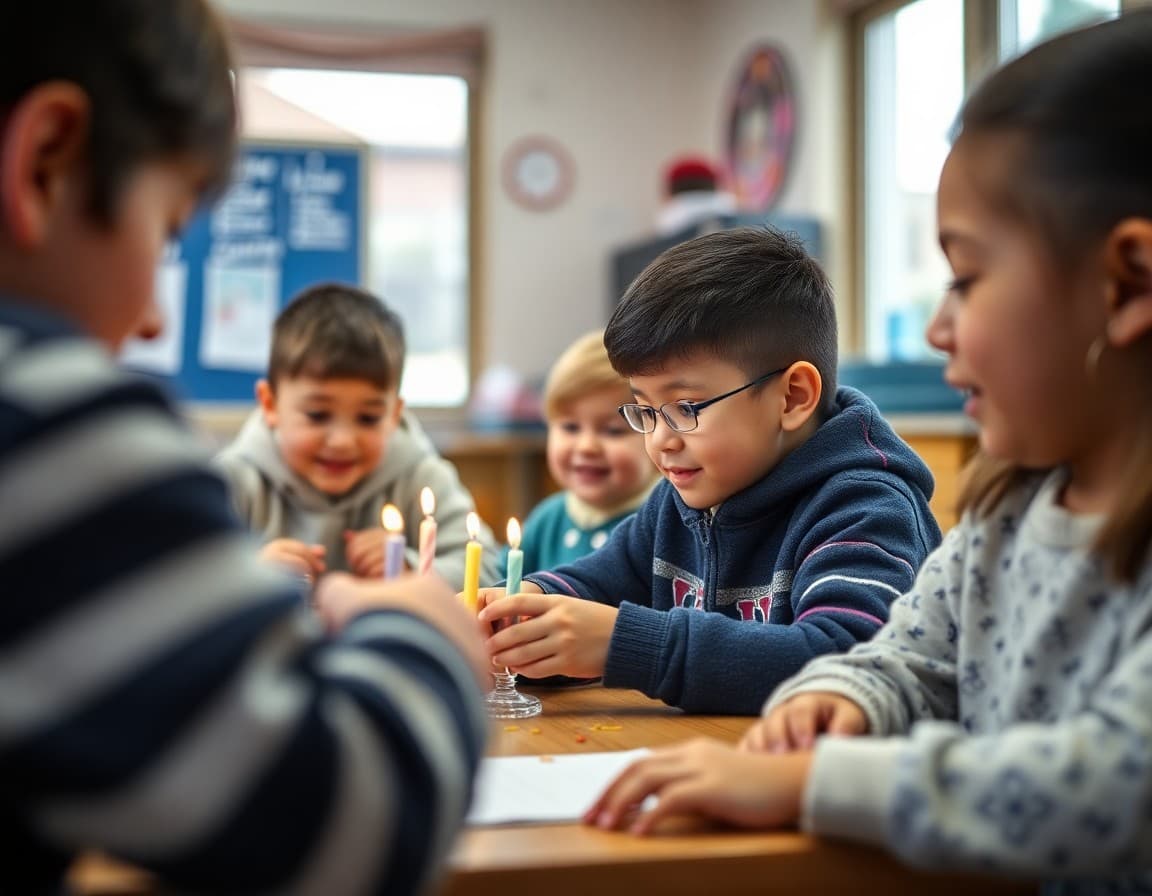 Elementary classroom activity related to Hanukkah and winter holiday cultural studies with engaged students