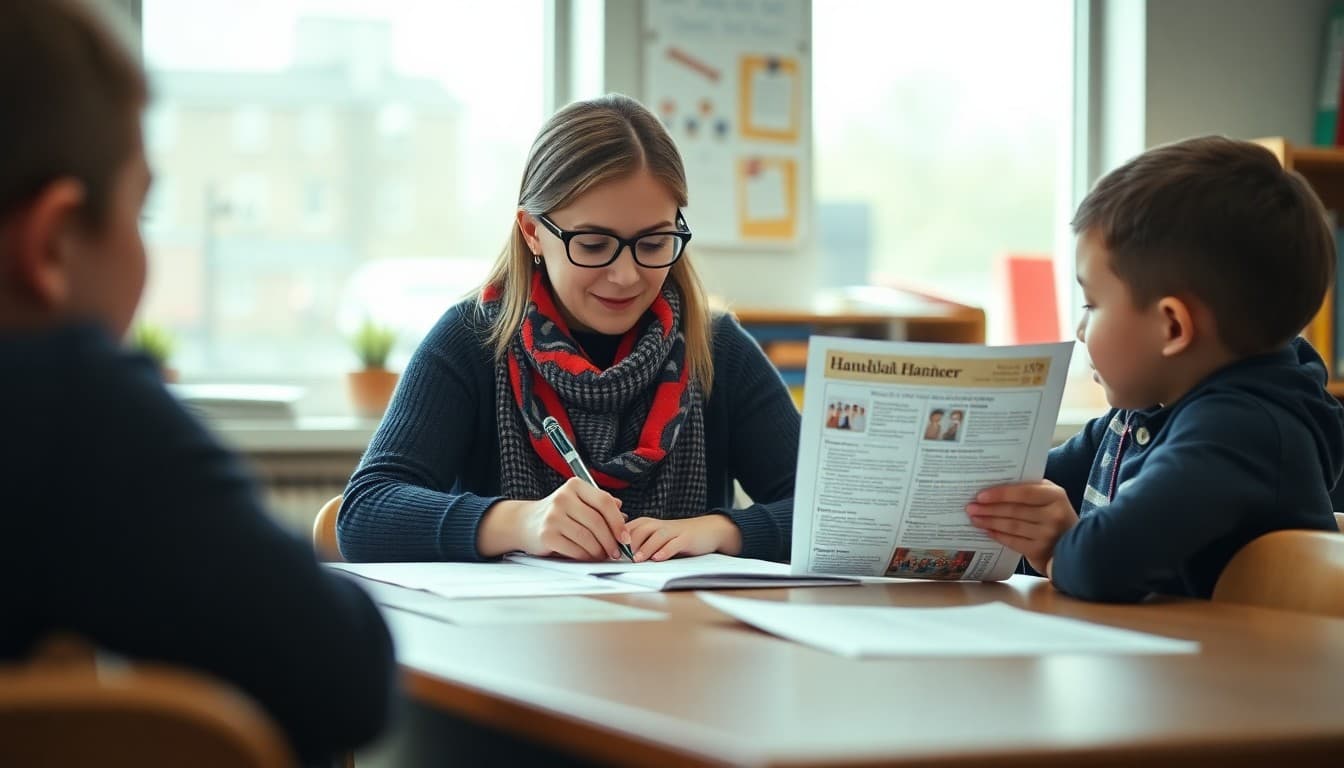 Elementary school teacher preparing a newsletter about Hanukkah and winter holiday cultural studies for K-5 families