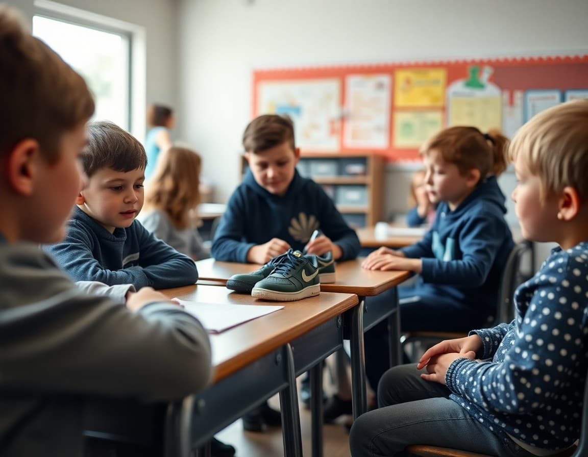Elementary classroom activity related to school shoe and footwear policy with engaged students