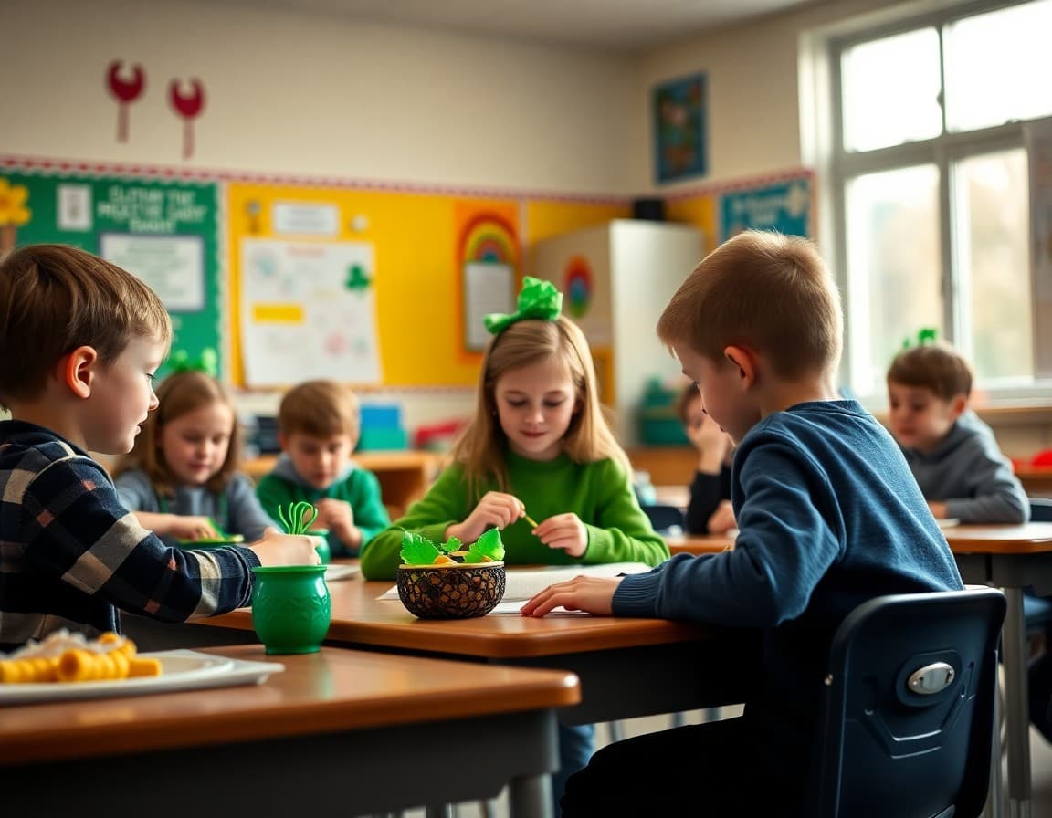 Elementary classroom activity related to St. Patrick's Day activities and spring celebrations with engaged students