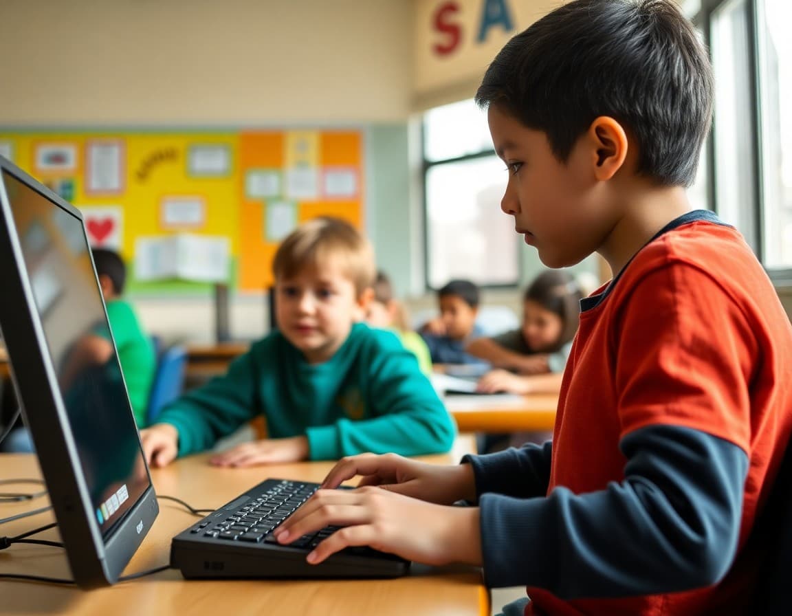 Elementary classroom activity related to keyboarding and typing skill development with engaged students