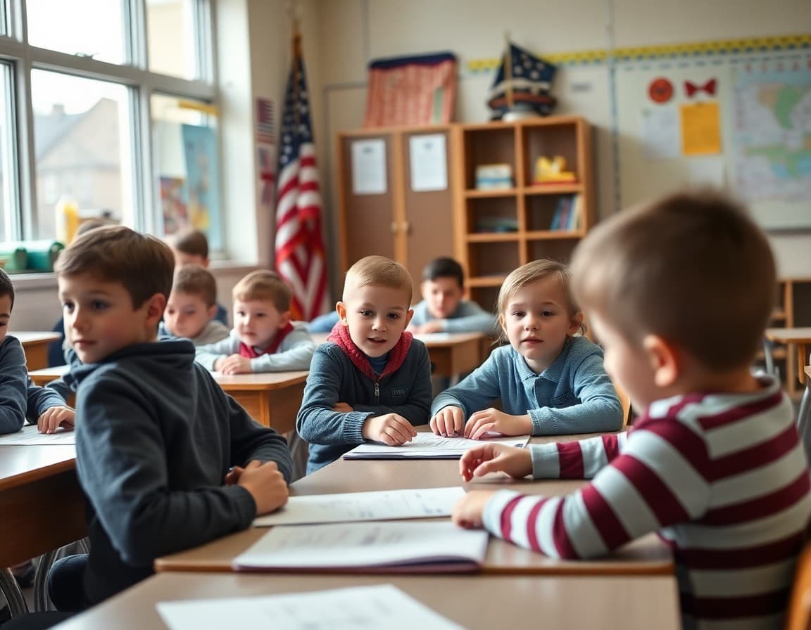 Elementary classroom activity related to Veterans Day recognition and classroom activities with engaged students