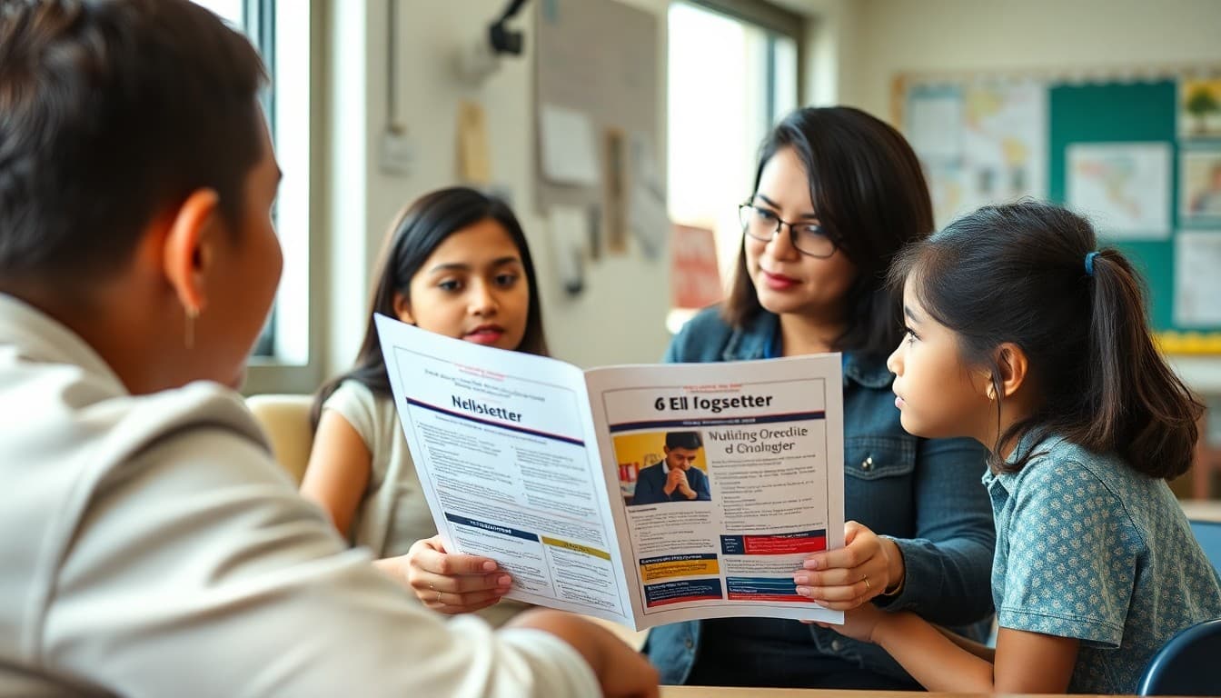 California ELL coordinator reviewing a multilingual program newsletter in a Los Angeles school