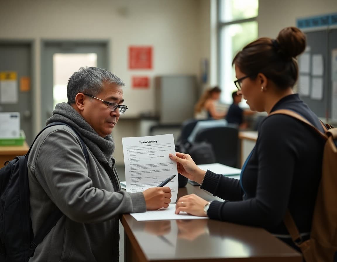 Parent completing home language survey form with school enrollment coordinator at front desk