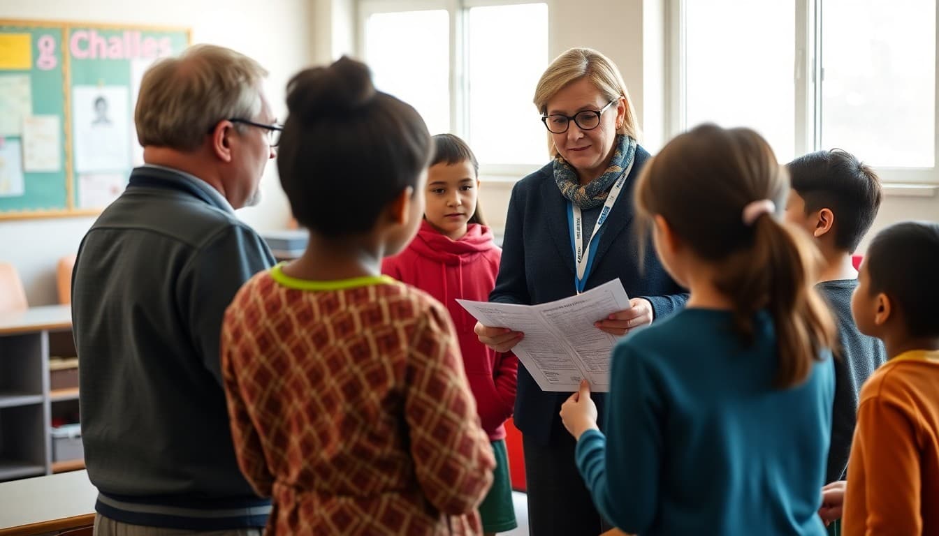 School registrar explaining home language survey to new families during enrollment process