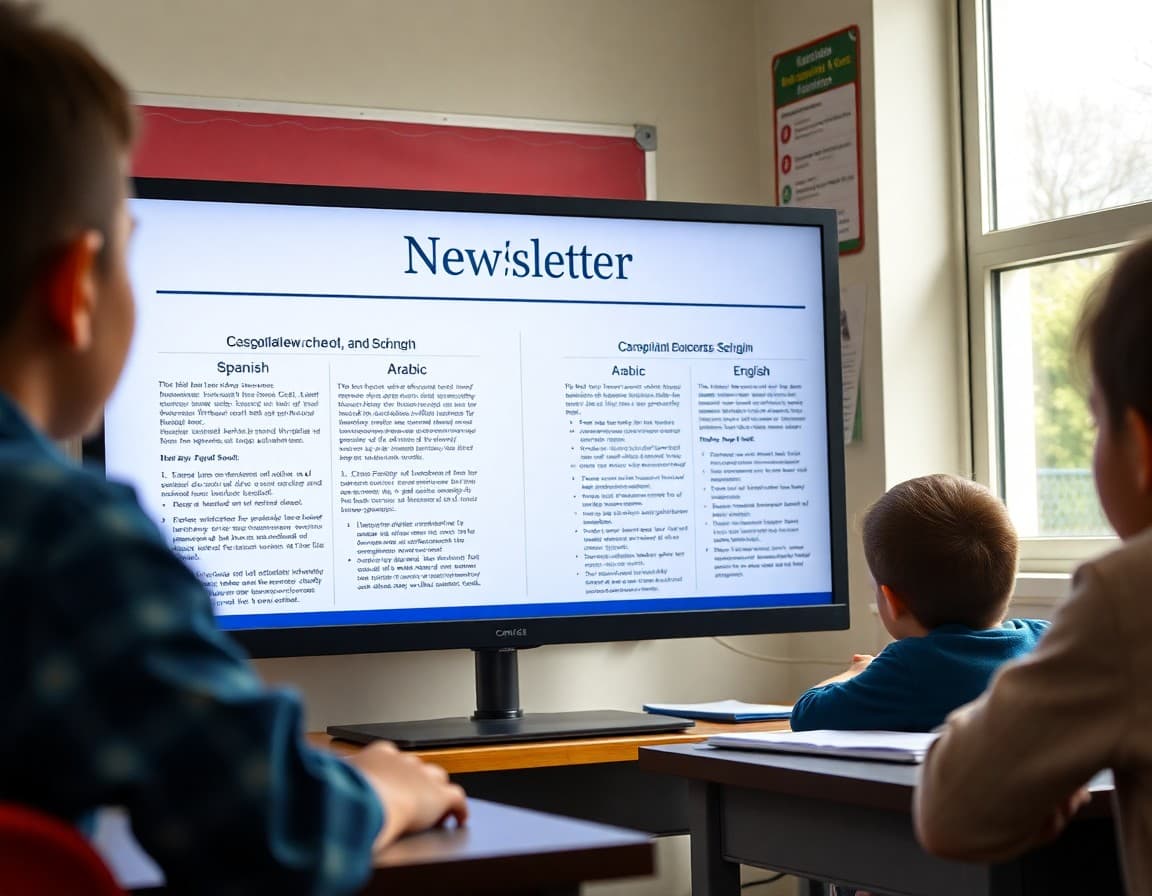 Multilingual school newsletter with parallel Spanish, Arabic, and English columns on a teacher's screen