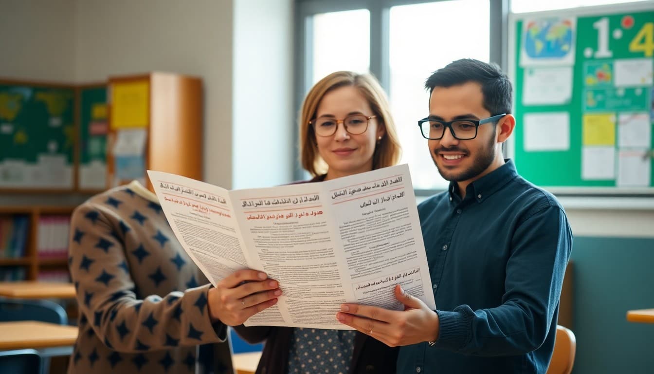 ELL coordinator building a multilingual newsletter with sections in Spanish and Arabic side by side