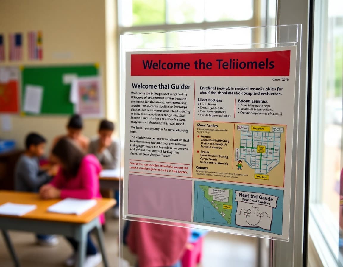 Bilingual welcome newsletter displayed with school maps and enrollment guides for new ELL families
