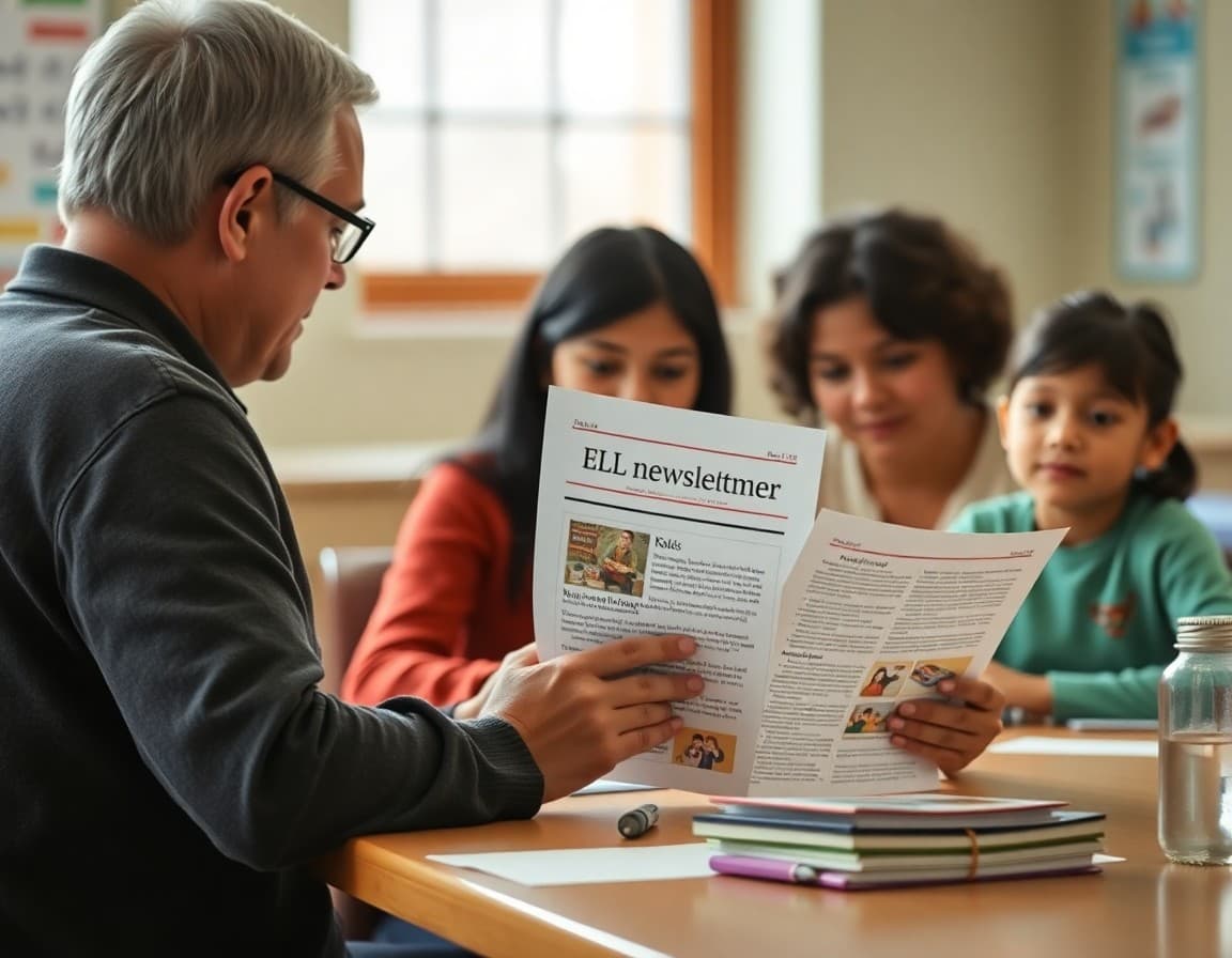 Multilingual families reading an ELL welcome newsletter at a school open house table