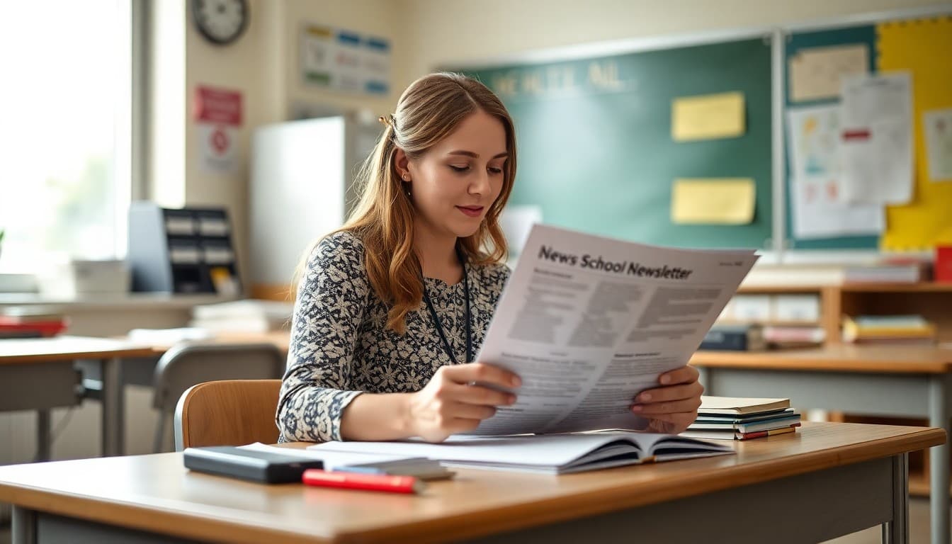 ELL teacher preparing a multilingual back to school newsletter at her classroom desk