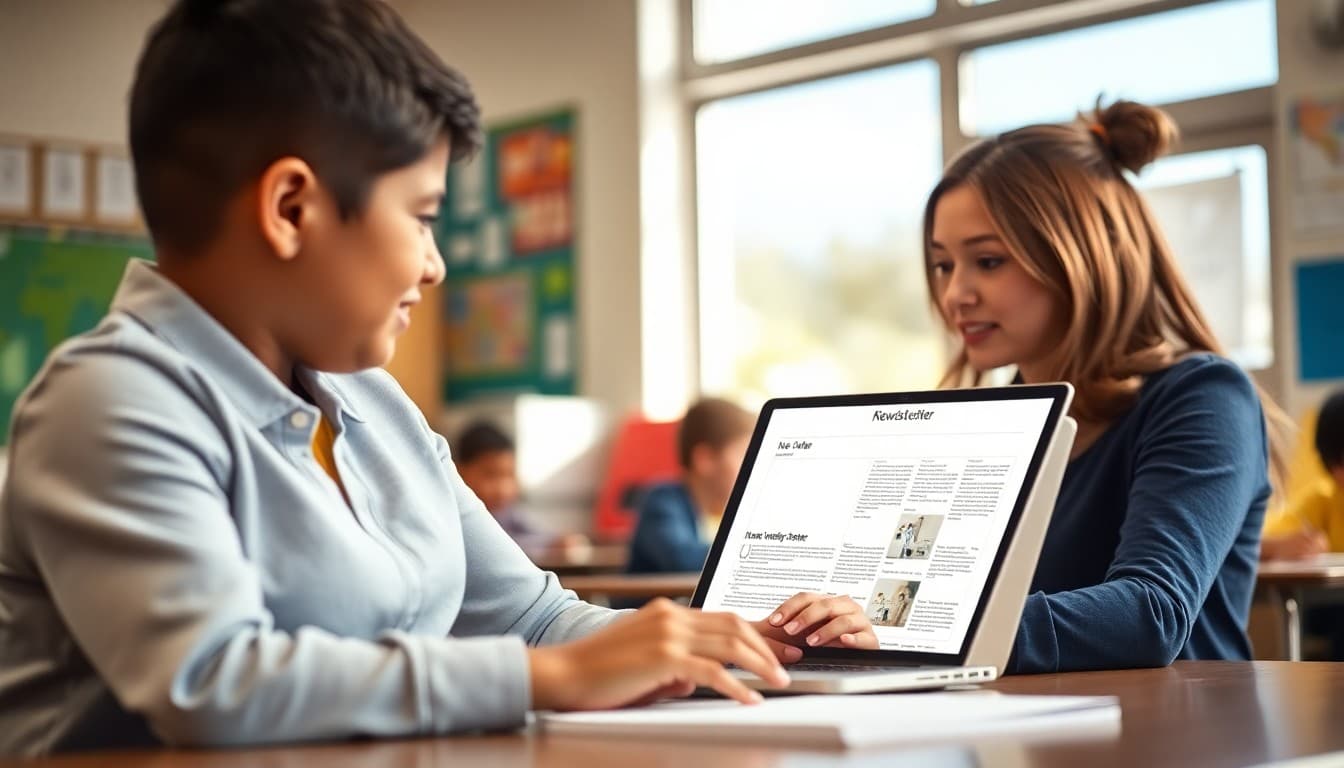 ELL teacher reviewing a monthly newsletter template on her laptop in the classroom