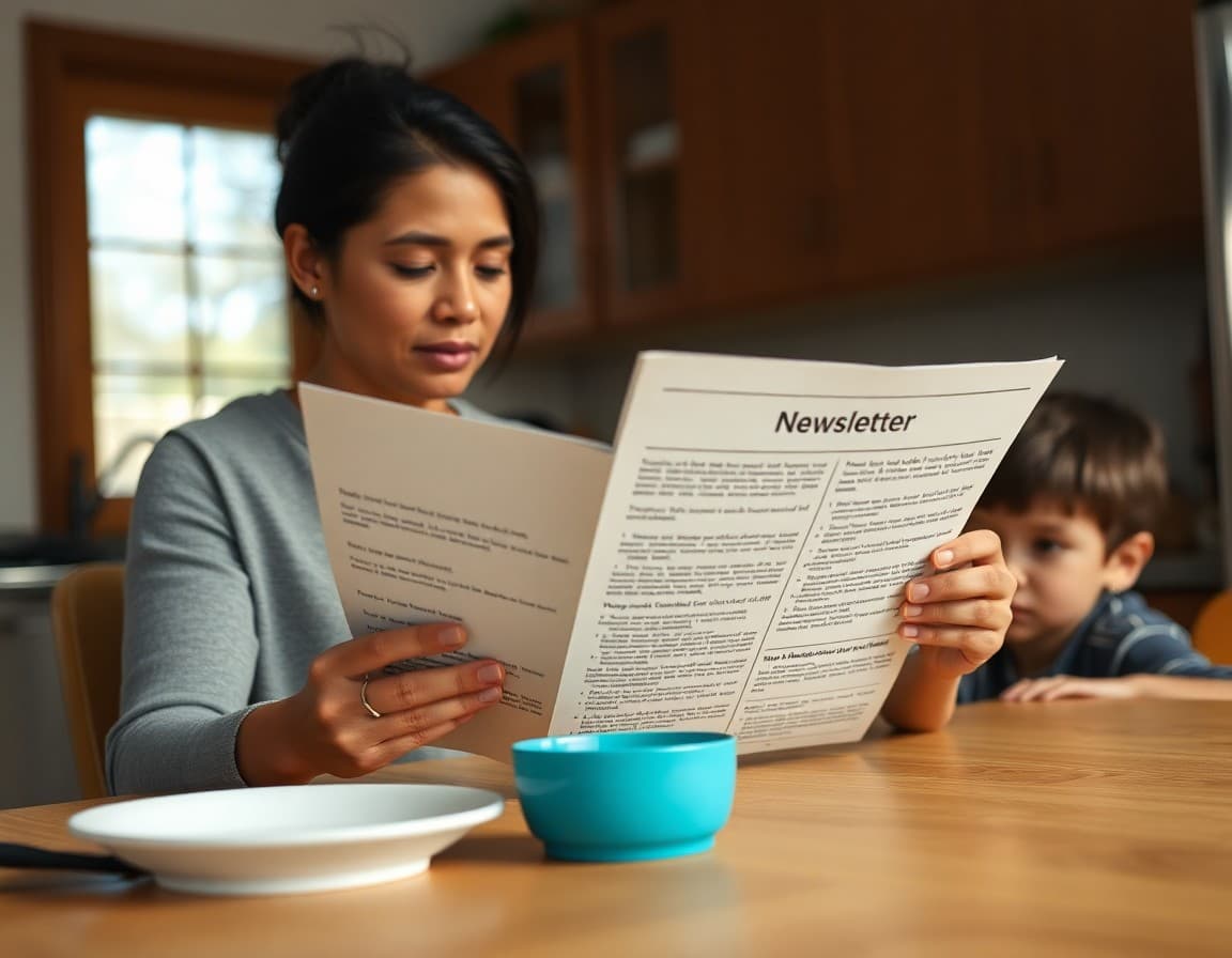Parent reading a translated ELL newsletter at the kitchen table with her child nearby