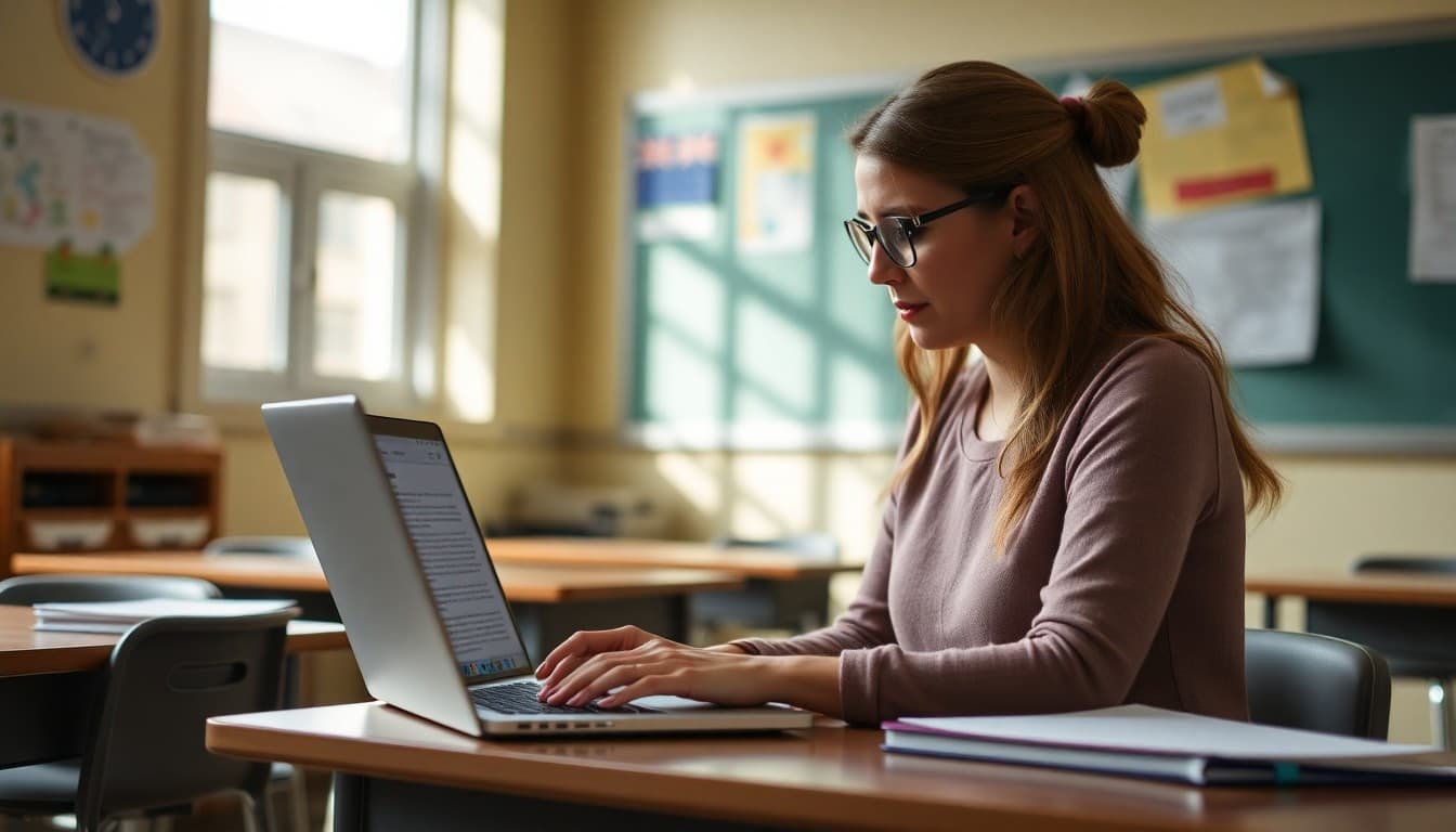 ELL teacher writing a newsletter to parents on a laptop in her classroom