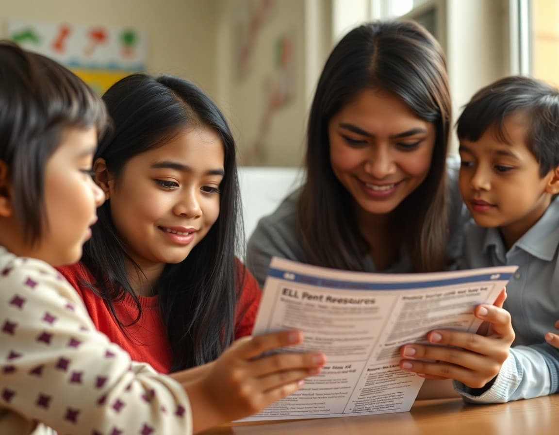 Multilingual family looking at an ELL parent resources newsletter listing community services