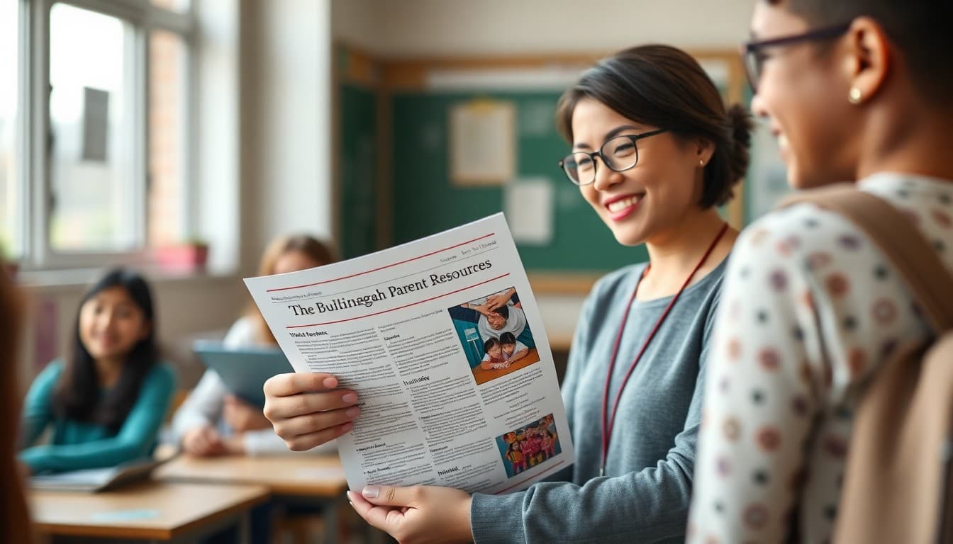 ELL teacher distributing a multilingual parent resources newsletter to families at school