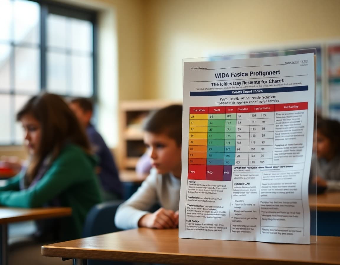 WIDA proficiency level chart displayed next to newsletter explaining English learner progress to families
