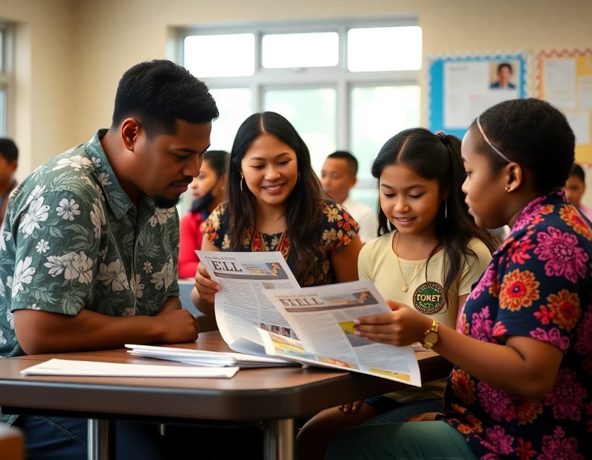 Diverse Hawaii school families at a parent event reviewing multilingual ELL program newsletters