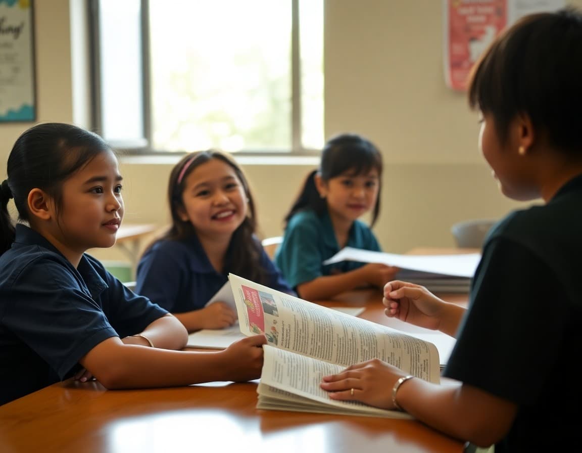 Multilingual newsletter in English and Filipino printed at Hawaii ESOL program desk
