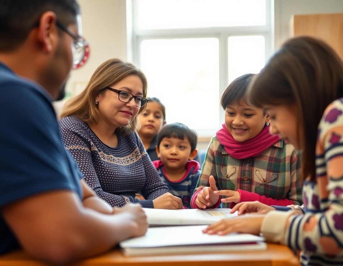 Iowa multilingual families at a school parent event reviewing ELL program materials in Spanish and Burmese