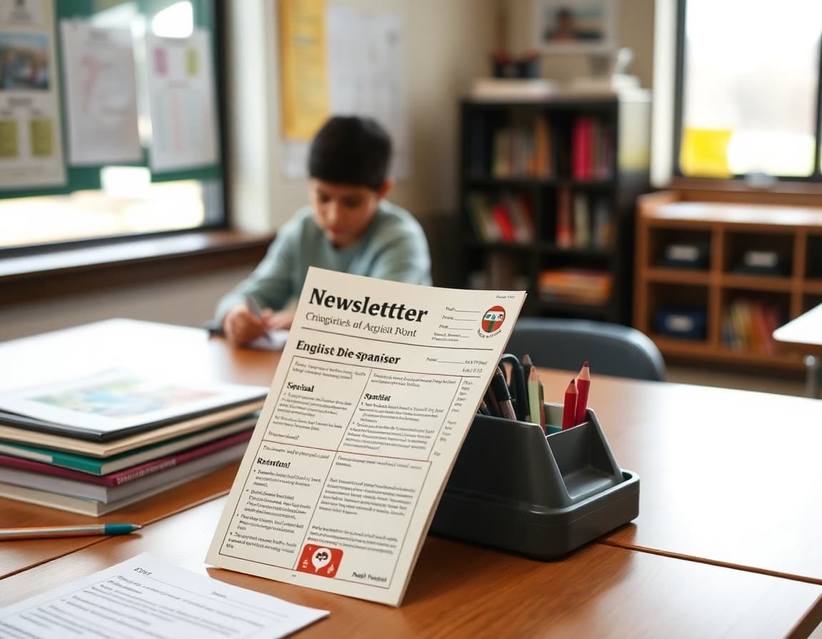Bilingual English-Spanish ESOL newsletter on Iowa school teacher desk with classroom materials
