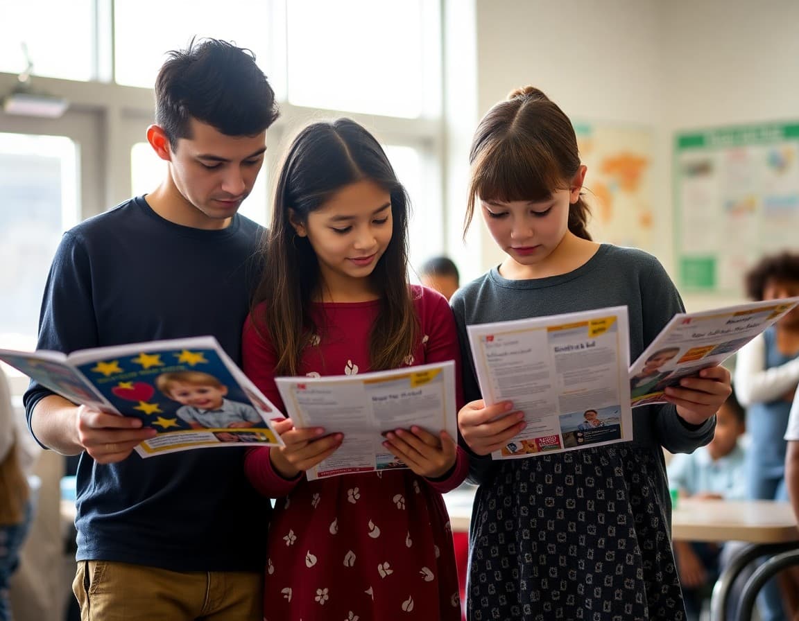 Idaho ELL families at a community school event reviewing multilingual program newsletters