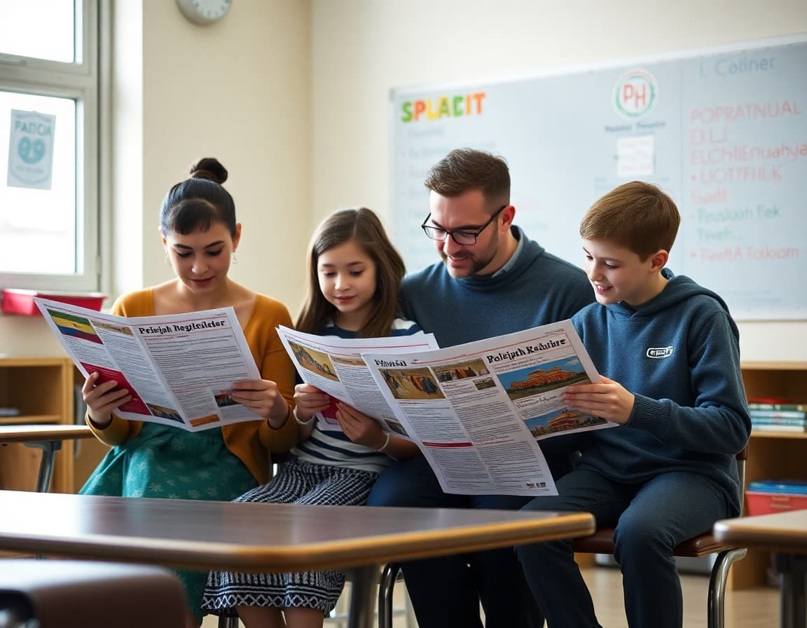 Multilingual families at an Illinois school reviewing ELL and bilingual program newsletters in Spanish and Polish
