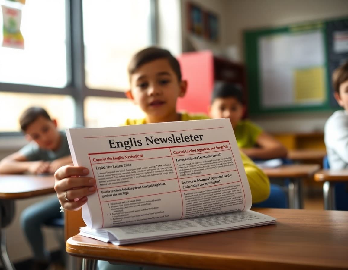 Bilingual English-Spanish ESOL newsletter printed at Indiana school desk near classroom window