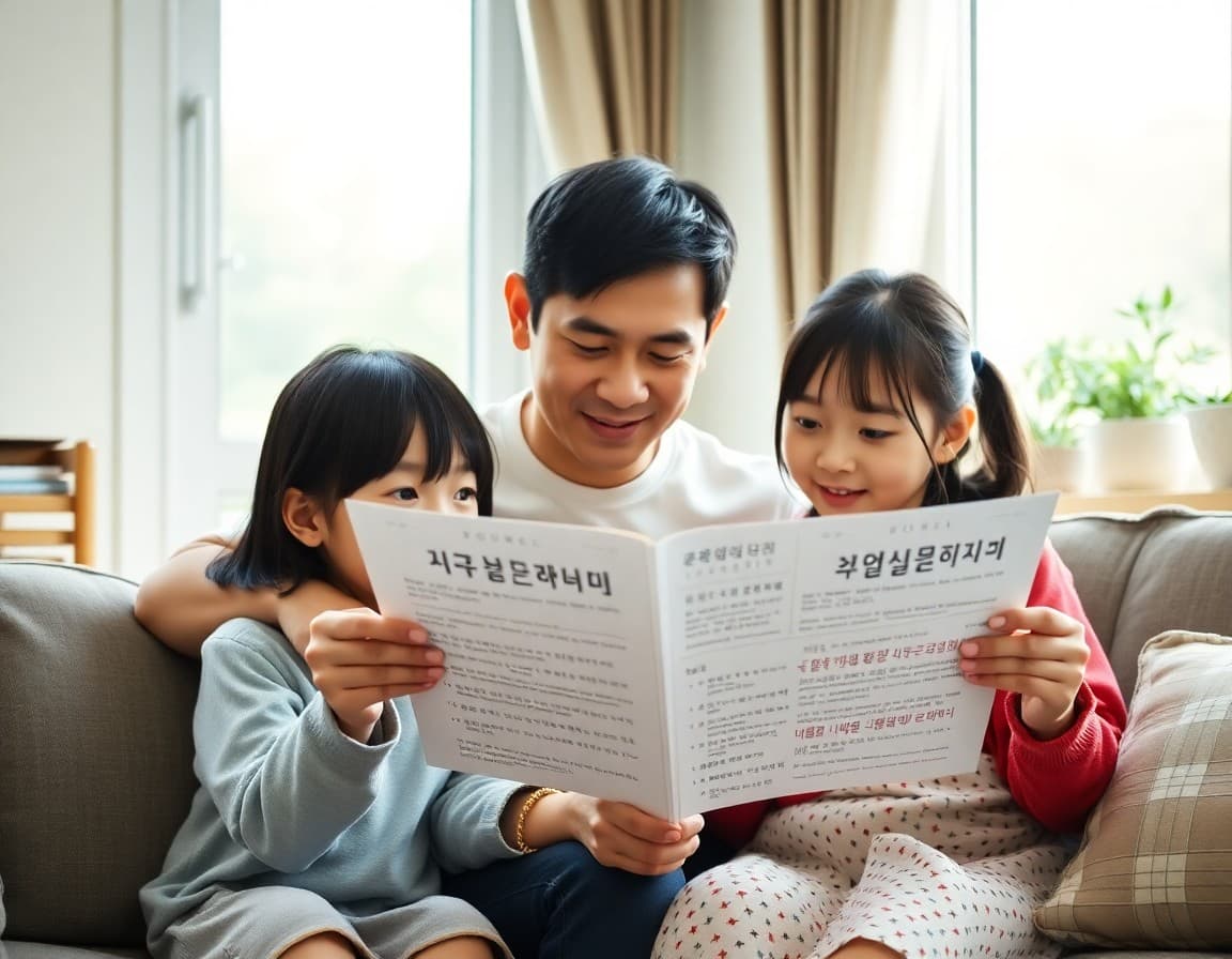 Korean family reading translated school newsletter in Korean at home together