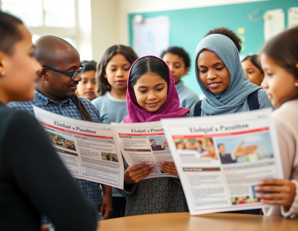 Diverse Kansas ELL families at a school event reviewing ELL program newsletters in Spanish and Somali