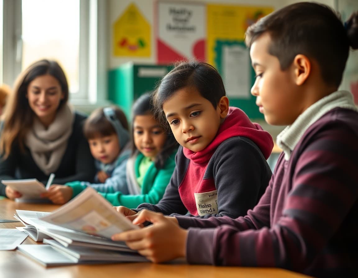 Massachusetts ELL families at a school community engagement event reviewing multilingual newsletters