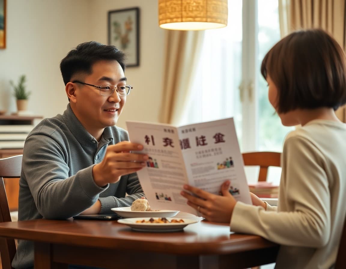 Chinese family reading school newsletter in Mandarin together at home dining table