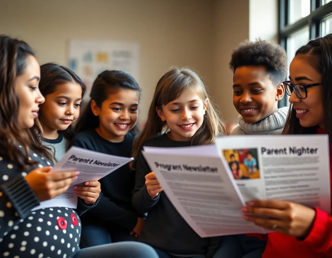 Diverse Maryland ELL families at a school parent night reviewing translated program newsletters