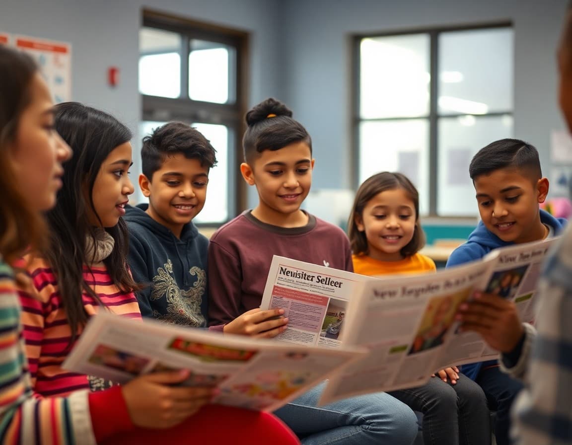 Minnesota ELL families at a Minneapolis school community night reviewing multilingual newsletters