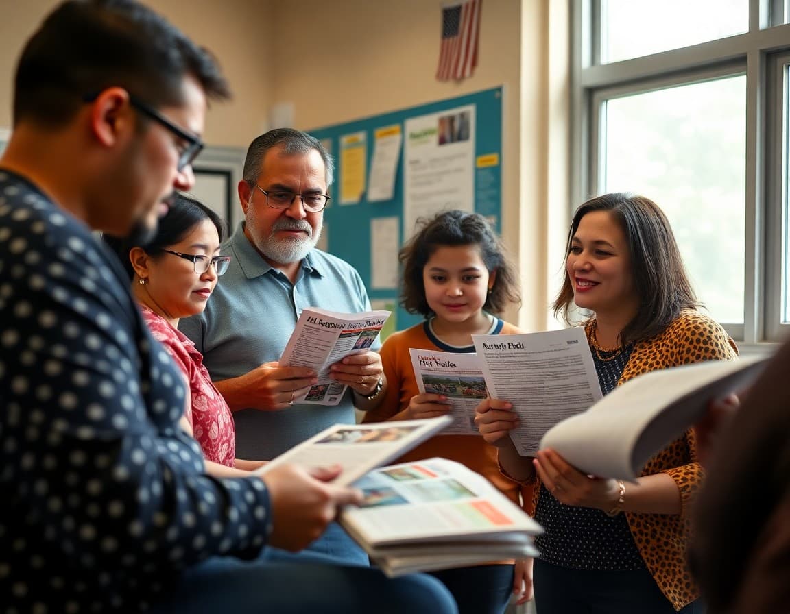 Spanish-speaking Mississippi ELL families at a school parent event reviewing program newsletters