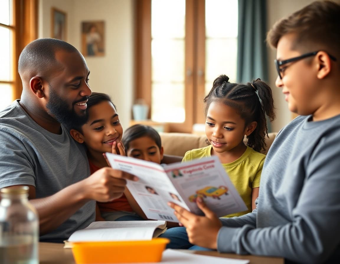 Mississippi bilingual family reviewing school newsletter together at home